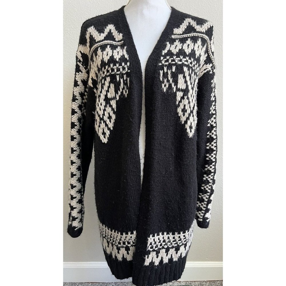 Natural Reflections Sweater Womens Size M Medium Black White Open Cardigan Chunk